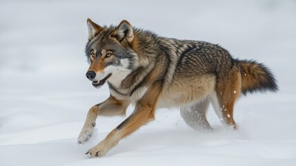 Obraz premium A wolf running through snow, showcasing its agility and natural beauty in a winter landscape.