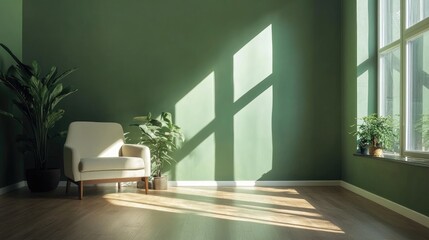 Fototapeta premium Spacious minimalist interior with wooden flooring green walls and natural light creating a serene and inviting atmosphere