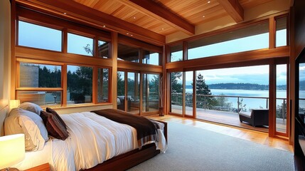 Fototapeta premium Cozy luxury bedroom with wooden accents and panoramic coastal views in a contemporary home setting