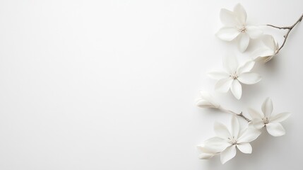 Elegant minimalist background featuring white flowers on a soft white surface creating a serene and tranquil ambiance
