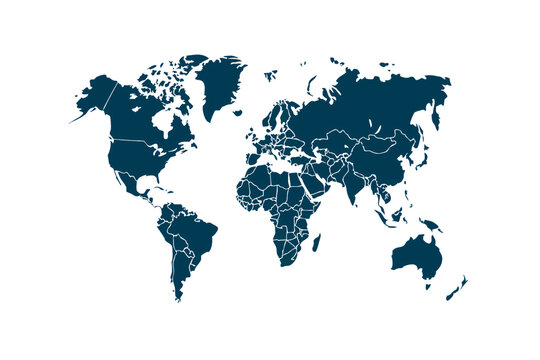 Fototapeta A deep blue world map with outlined countries emphasizes geographical boundaries, blending modern design with a global perspective, isolated on a transparent background