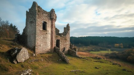 Ancient stone ruins of a medieval castle surrounded by lush greenery and scenic landscapes under a cloudy sky