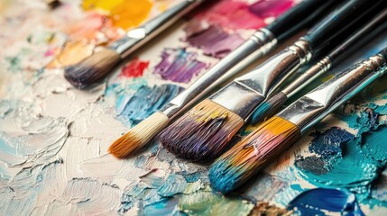 Obraz premium Colorful paint palette with various paintbrushes arranged neatly on a textured background showcasing vibrant artistic colors and creative tools.