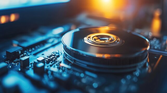 Opened hard drive components displayed on a table with glowing lights showcasing technology and data storage mechanisms in detail.