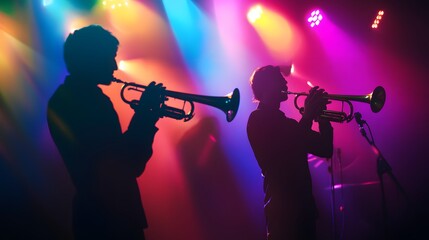 Two Trumpet Players Silhouetted On Stage Under Colorful Lights