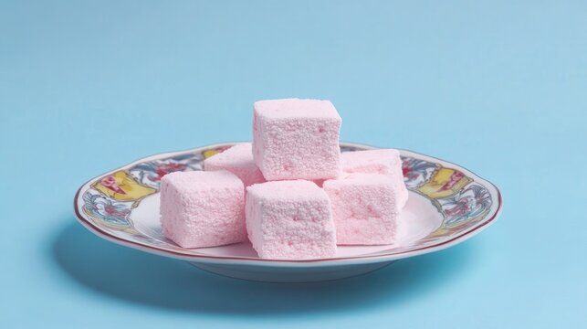 Pink homemade marshmallows arranged on an elegant round plate against a soft blue background showcasing sweet confectionery artistry