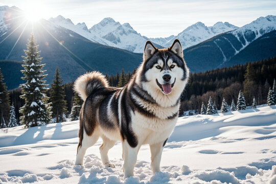 Siberian Husky in a snowy mountain landscape with a forest and peaks in the background, under clear blue skies. - Powered by Adobe