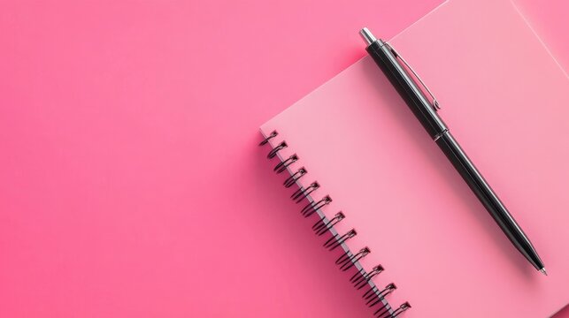 Pink spiral notebook and black ballpoint pen flat lay on vibrant pink background for creative and educational concepts. - Powered by Adobe