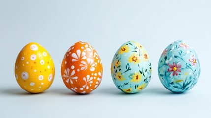 Fototapeta premium Colorful painted Easter eggs arranged in a row on a light blue background showcasing intricate floral and dotted designs for spring festivities.