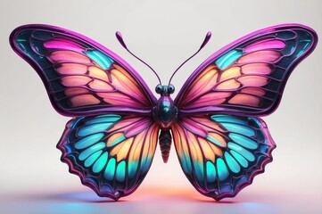 Vibrant iridescent butterfly with pink, teal, and purple wings against a white background.