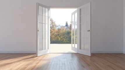 Obraz premium Modern Interior with Open Glass Doors Showcasing Bright Outdoor View and Natural Light in Stylish Minimalist Design