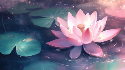 Serene Pink Lotus Flower Blooming on Tranquil Water Surface with Green Lily Pads Reflected in Soft Light