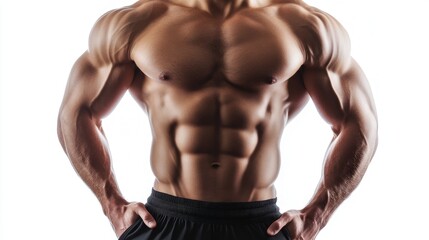 Fototapeta premium Muscular male torso showcasing definition and strength isolated on white background for fitness and health related themes.