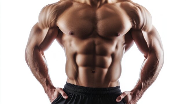Muscular male torso showcasing definition and strength isolated on white background for fitness and health related themes. - Powered by Adobe