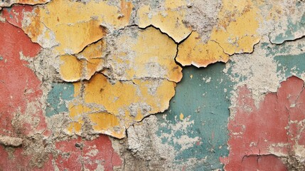 Obraz premium Textured cracked wall with peeling paint colors showcasing a weathered worn surface ideal for backgrounds and artistic designs