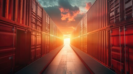 Container Pathway Leading to Sunset with Bright Light Between Oil and Chemical Ship Cargo at Dusk