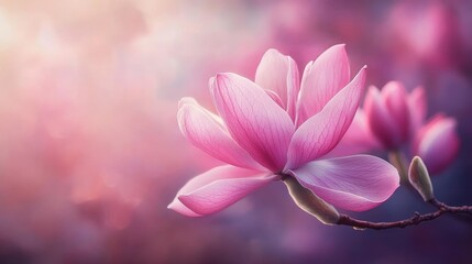 Fototapeta premium Delicate pink magnolia blossoms in soft spring light with blurred background showcasing nature's beauty and tranquility.