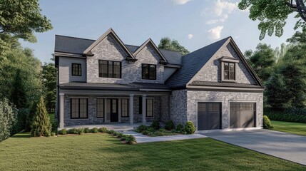 Elegant two story modern home with stone exterior and landscaped yard in a tranquil suburban setting showcasing new construction design.