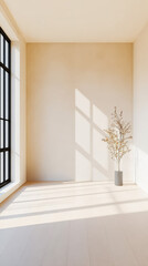 Fototapeta premium Natural light illuminating minimalist interior with plant in simple vase