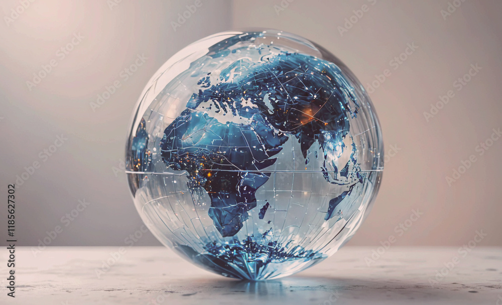 Poster globe made of clear glass with a blue color. the globe is placed on a table. the globe is showing th