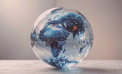 Globe made of clear glass with a blue color. The globe is placed on a table. The globe is showing...