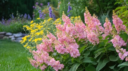 Obraz premium Vibrant pink hydrangea flowers in full bloom with colorful garden backdrop showcasing blooming yellow and purple plants.