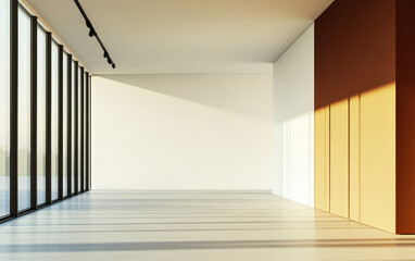 Obraz premium Bright and spacious interior with large windows at sunset casting shadows on smooth floor