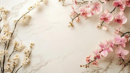 Pink orchid and cherry blossom flowers gracefully arranged in a corner on a soft light marble background stylish floral composition