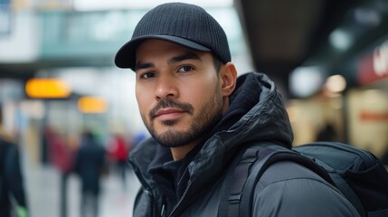 Portrait of a male courier in a busy transit station showcasing urban lifestyle and modern transportation dynamics