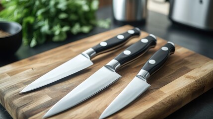 Modern kitchen countertop with stylish knife set and fresh herbs for culinary creativity