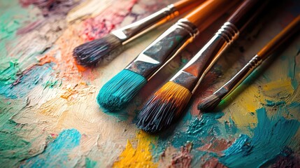 Obraz premium Artistic paint brushes with vibrant colors on a textured palette surface ideal for showcasing creativity and artistic endeavors