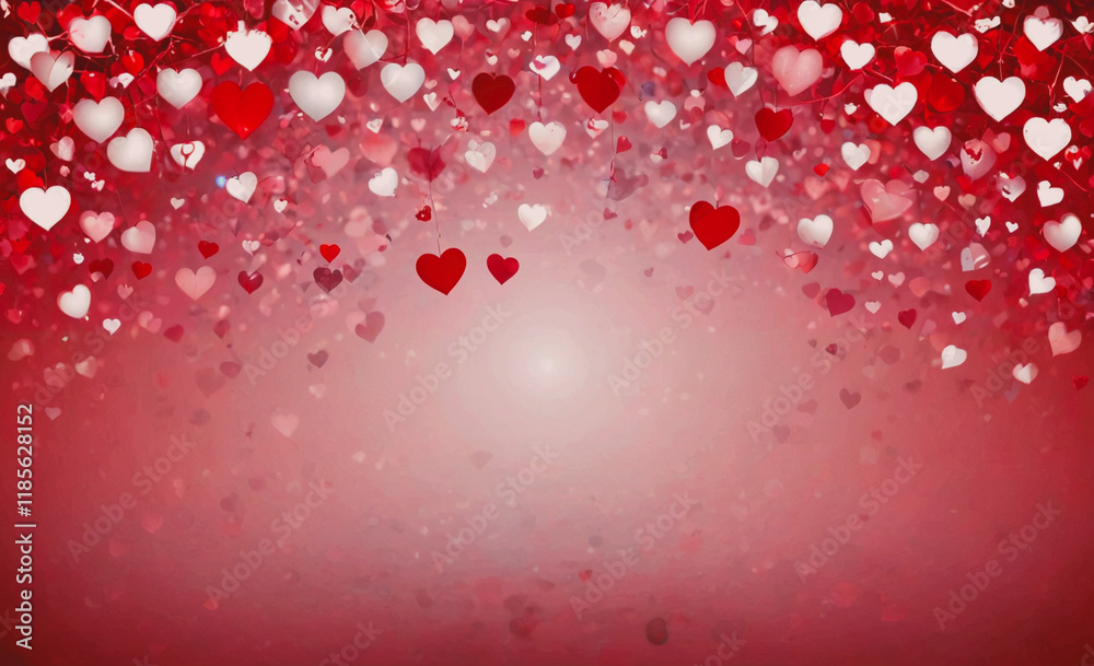 Poster red background with many hearts scattered across it. the hearts are of different sizes and colors. s