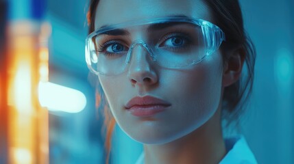 Portrait of a Young Female Scientist in a Laboratory Setting Wearing Safety Glasses and Engaged in Scientific Research Activities