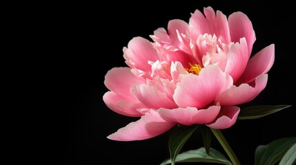 Obraz premium Delicate pink peony bloom captured against a dark background showcasing its vibrant petals and lush green leaves.