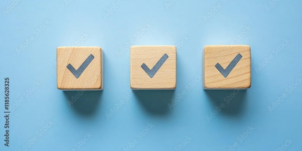 Fototapete three wooden blocks with a check mark on them