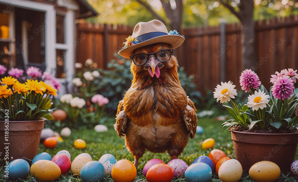 Poster chicken wearing a hat and glasses stands in front of a bunch of easter eggs. the eggs are scattered 