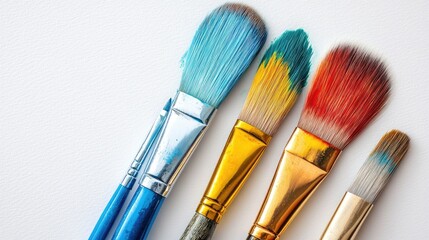 Fototapeta premium Assorted paint brushes with vibrant colors arranged on a white canvas background showcasing artistic tools for creativity and expression.