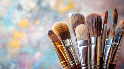 Fototapeta premium Assorted paint brushes elegantly arranged against a vibrant abstract background showcasing creativity and artistry in painting.