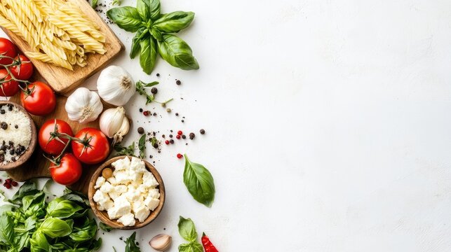 Fresh Ingredients for Cooking Pasta on White Background with Copy Space for Food Waste Awareness and Recipe Promotion in Studio Setting - Powered by Adobe