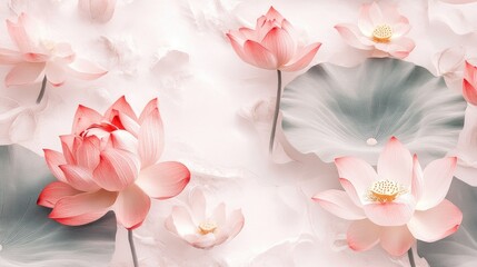 Naklejka premium Elegant pink lotus flowers with delicate petals and green leaves on a serene white background for tranquil design and nature themes