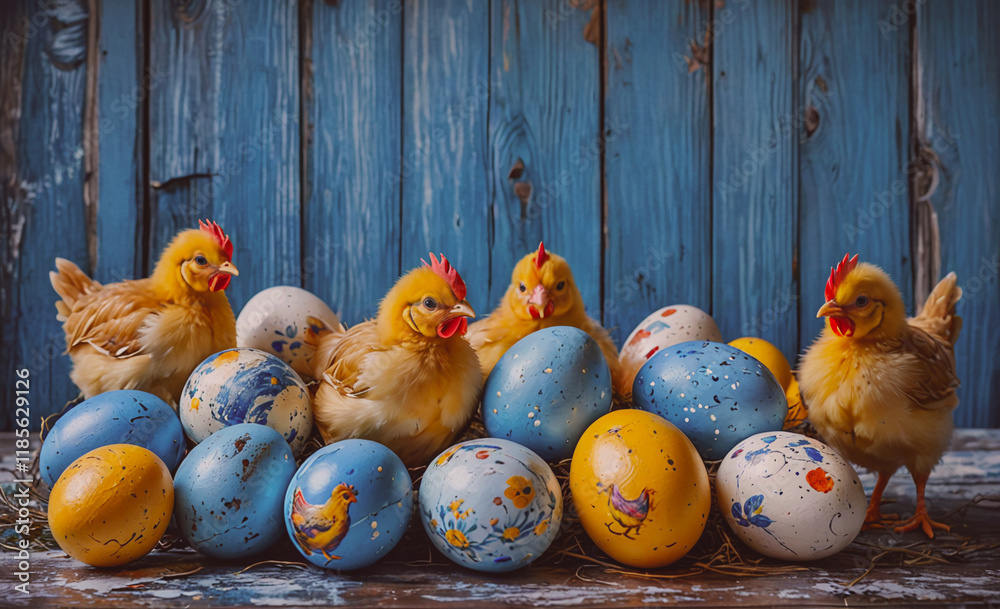 Poster group of four chicks are standing in front of a pile of eggs. the eggs are of different sizes and co