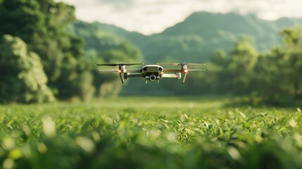Drone Flying Over Lush Green Fields with Rolling Mountains Background