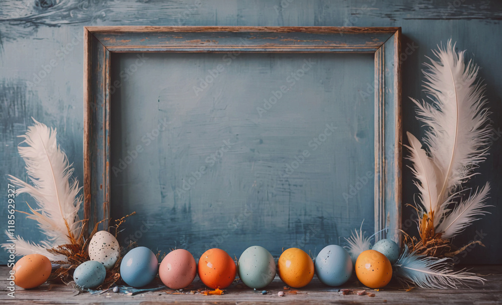Aufkleber Frame with a bunch of eggs and feathers. The frame is blue. The eggs are in different colors