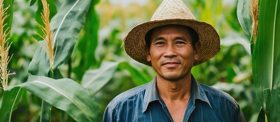 Portrait of confident Asian farmer in lush cornfield displaying pride with ample space for text and branding opportunities in agricultural themes