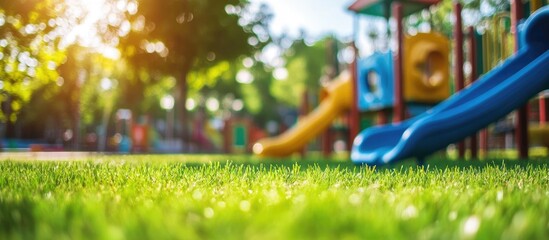 Lush green grass landscape in playground setting with blurred play equipment and ample space for text placement in foreground