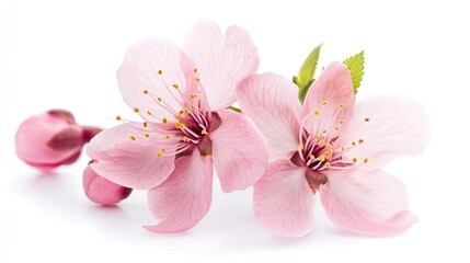 Obraz premium Pink peach blossom flowers with buds and green leaves isolated on a white background showcasing natural beauty and springtime freshness.