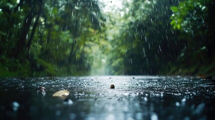 Fototapeta premium Rainfall Creating Ripples on a Flowing River Surrounded by Lush Green Forest Landscape