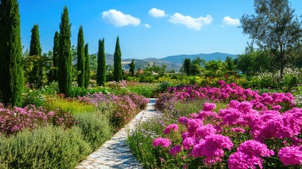 Obraz premium Vibrant summer Mediterranean garden with blooming pink flowers and lush greenery under a clear blue sky