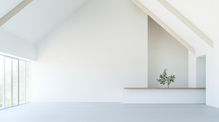 Fototapeta premium Minimalist interior design featuring a single tree in a spacious room with large windows