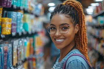 Smiling mother shopping school supplies at store. Generative AI